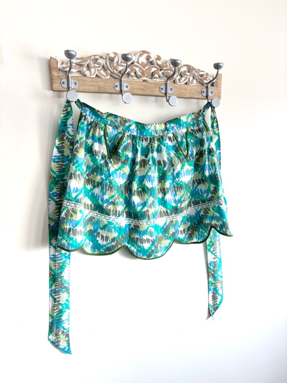 Vintage Handmade Half Tie Back Apron With Pockets 1960s Blue and Green Print
